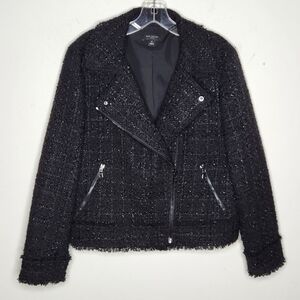 Ann Taylor Petite 14P Tweed Metallic Moto Jacket Black Asymmetric Frayed Zip Up